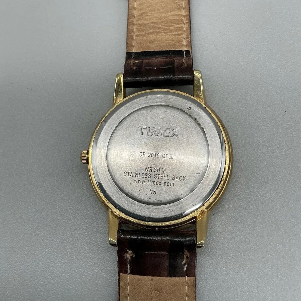 Vintage Timex Indiglo Mens Watch 37mm White Dial Brown Leather Quartz Day Date